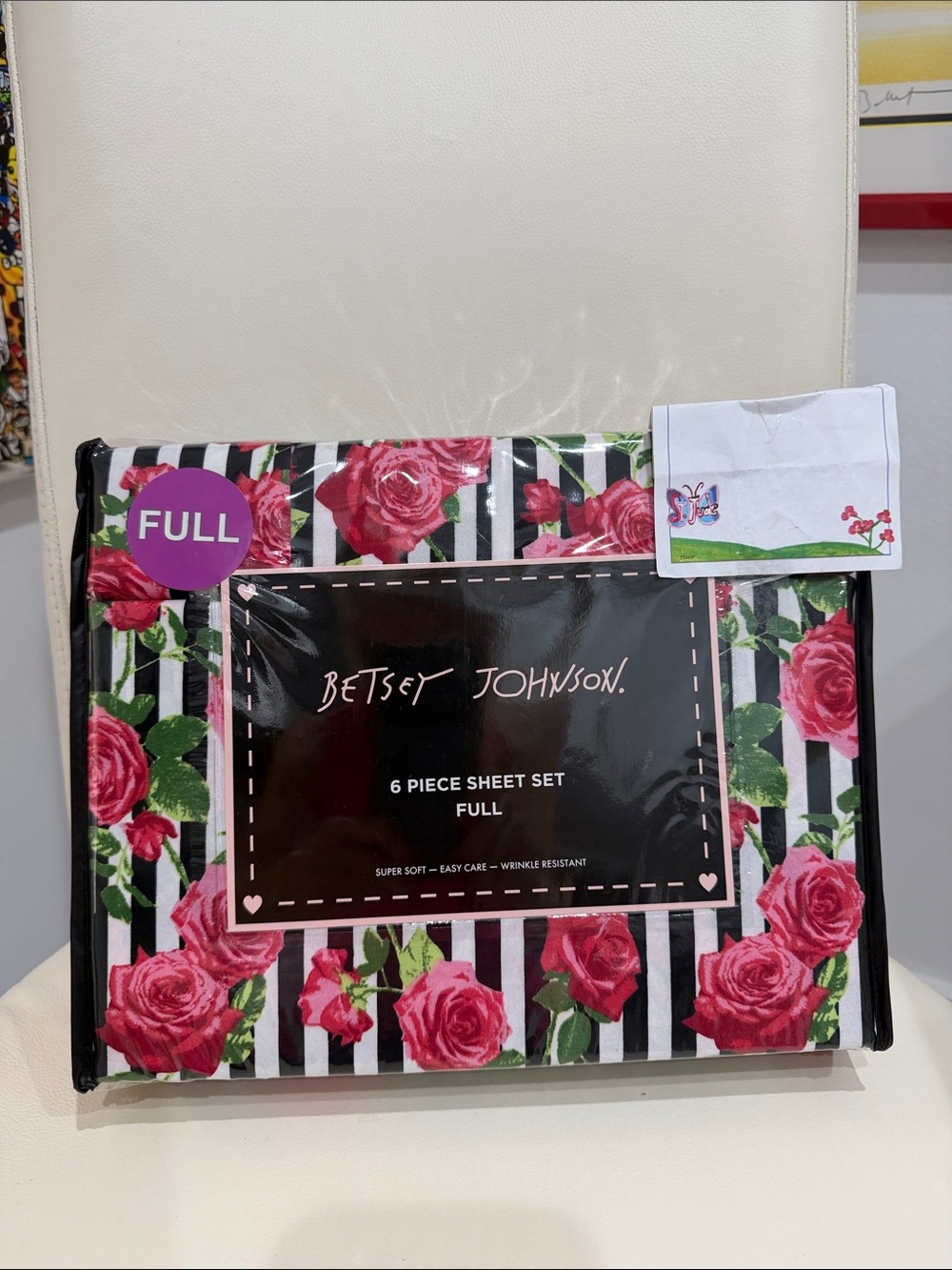 Betsey Johnson White/Pink/Green/Black Roses & Stripes 6 Piece FULL Sheet Set